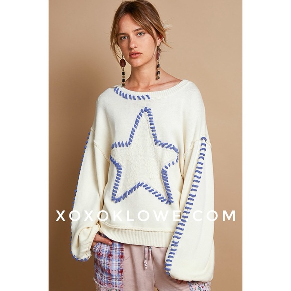 POL Cream with Blue Star Contrast Stitched Relaxed Fit  Sweater - Picture 10 of 13